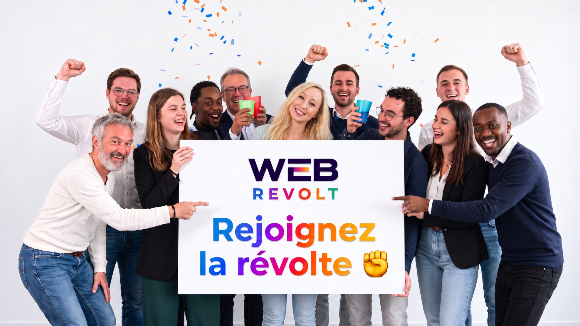 Un groupe célèbre autour d’une pancarte Web Revolt portant le message Rejoignez la révolte.