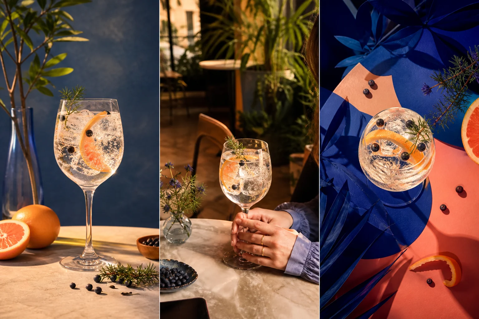 Trois créations coordonnées pour une même boisson au genièvre et aux agrumes : publicité premium, photographie lifestyle et composition graphique.