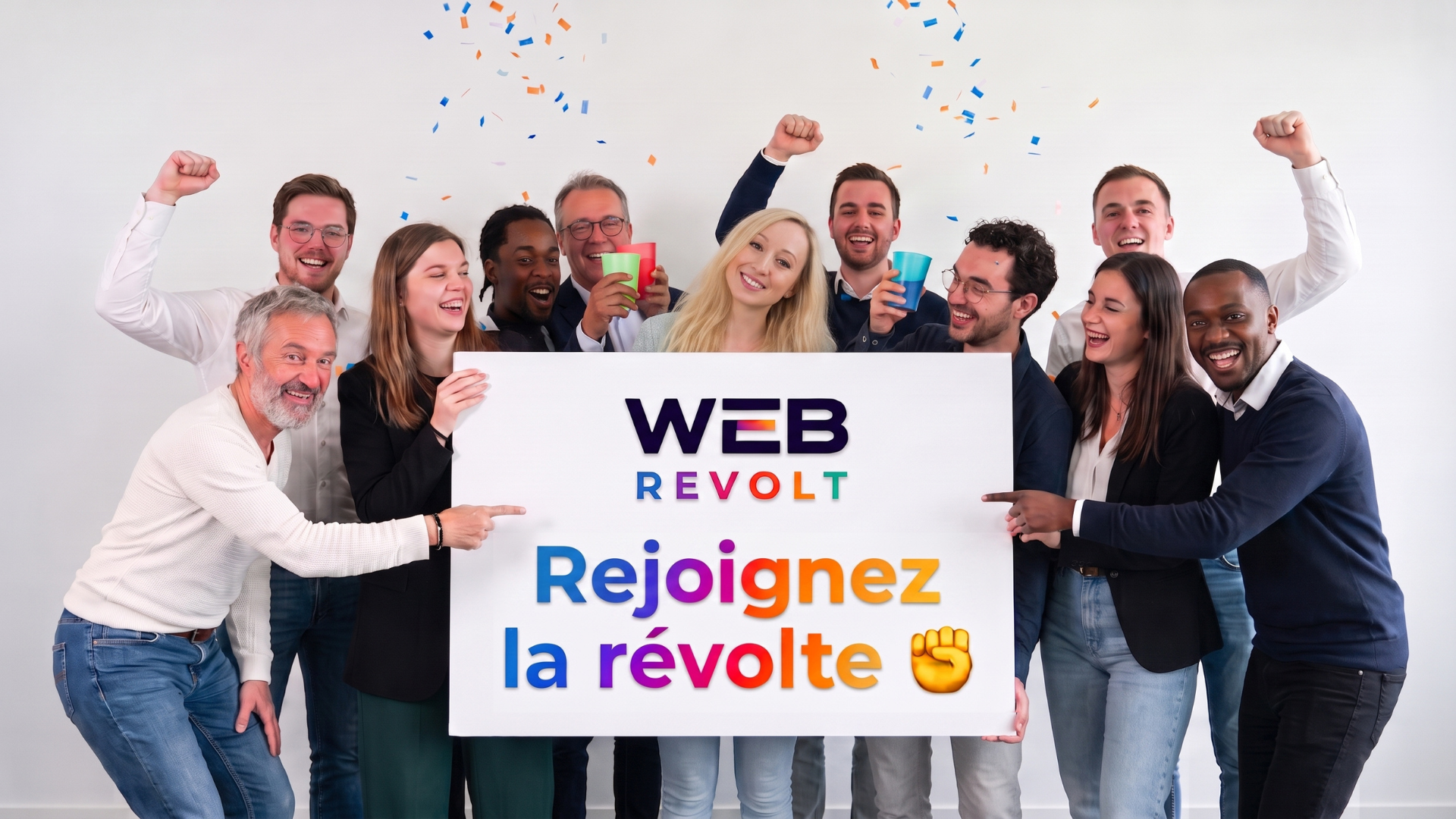 Un groupe réuni autour d’une pancarte Web Revolt : Rejoignez la révolte